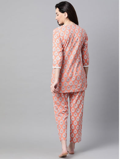 Women's Peach-Coloured Printed Cotton Night suit