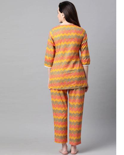 Women's Mustard Yellow & Pink Printed Night Suit