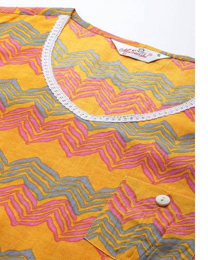 Women's Mustard Yellow & Pink Printed Night Suit