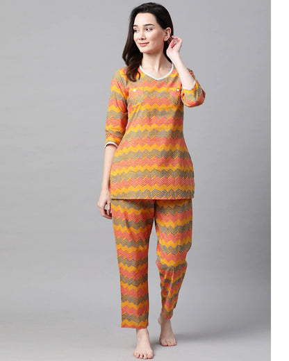 Women's Mustard Yellow & Pink Printed Night Suit