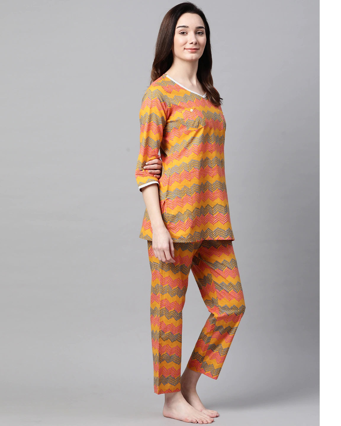 Women's Mustard Yellow & Pink Printed Night Suit