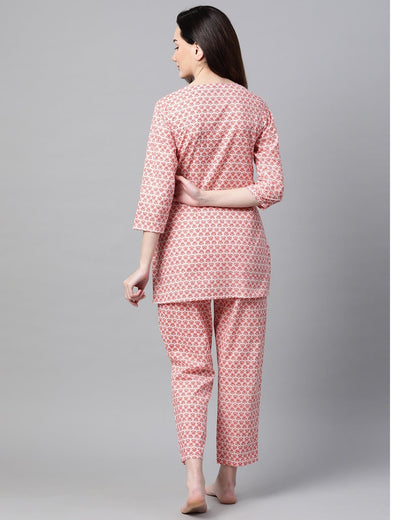 Women's Pink Floral Printed Night Suit