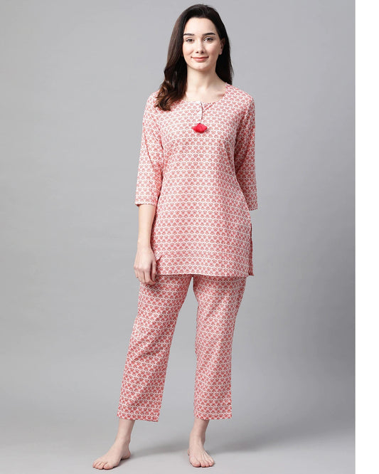 Women's Pink Floral Printed Night Suit