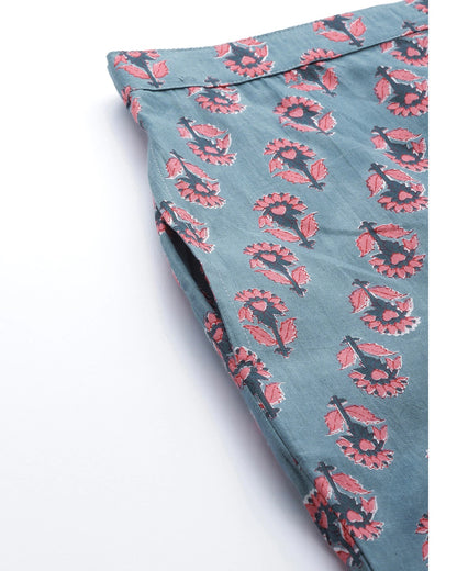 Women's Grey and pink Floral Printed Night Suit