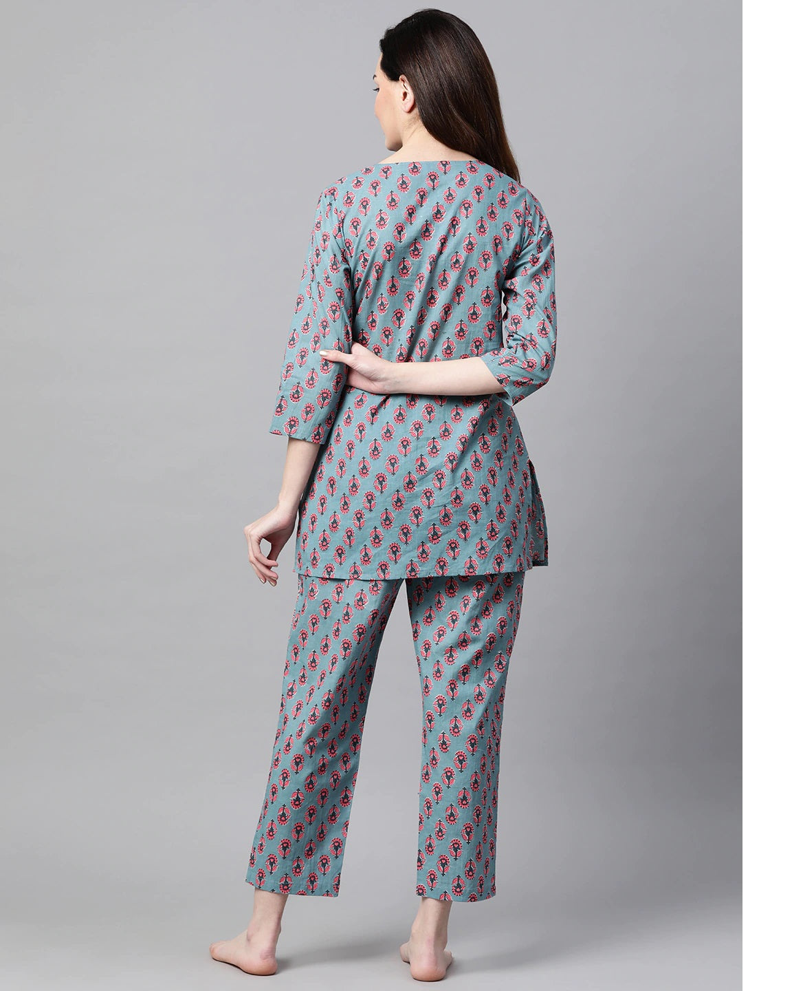 Women's Grey and pink Floral Printed Night Suit