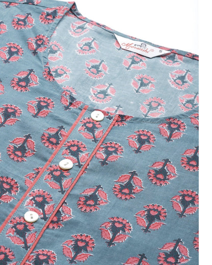Women's Grey and pink Floral Printed Night Suit