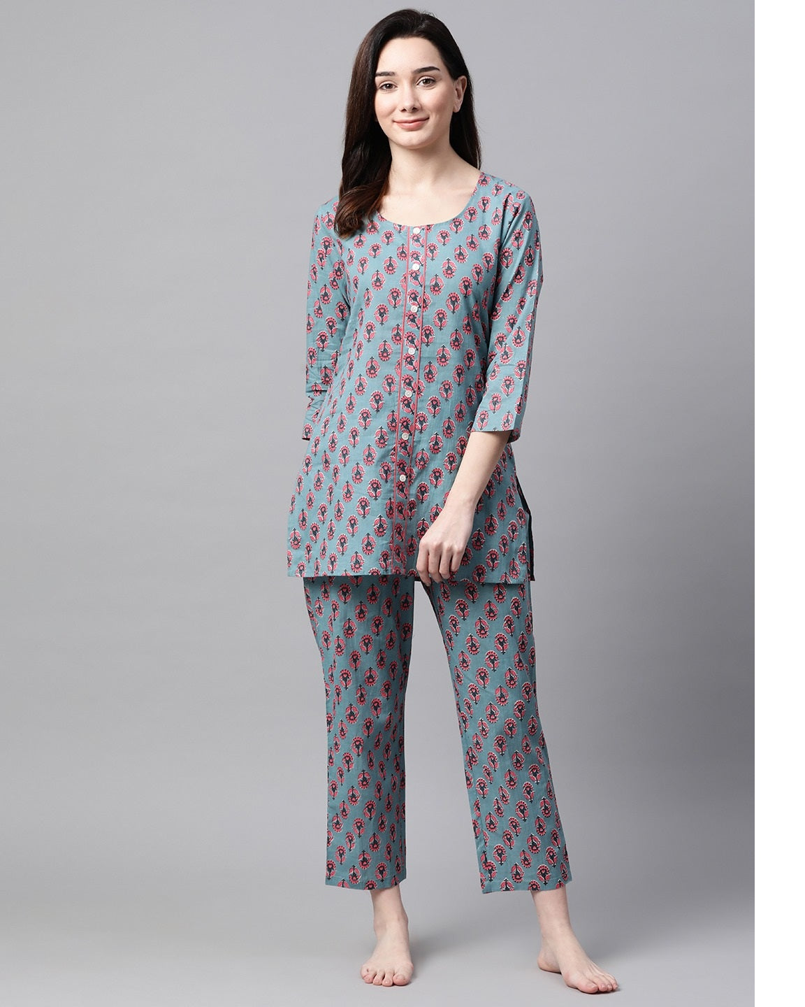 Women's Grey and pink Floral Printed Night Suit