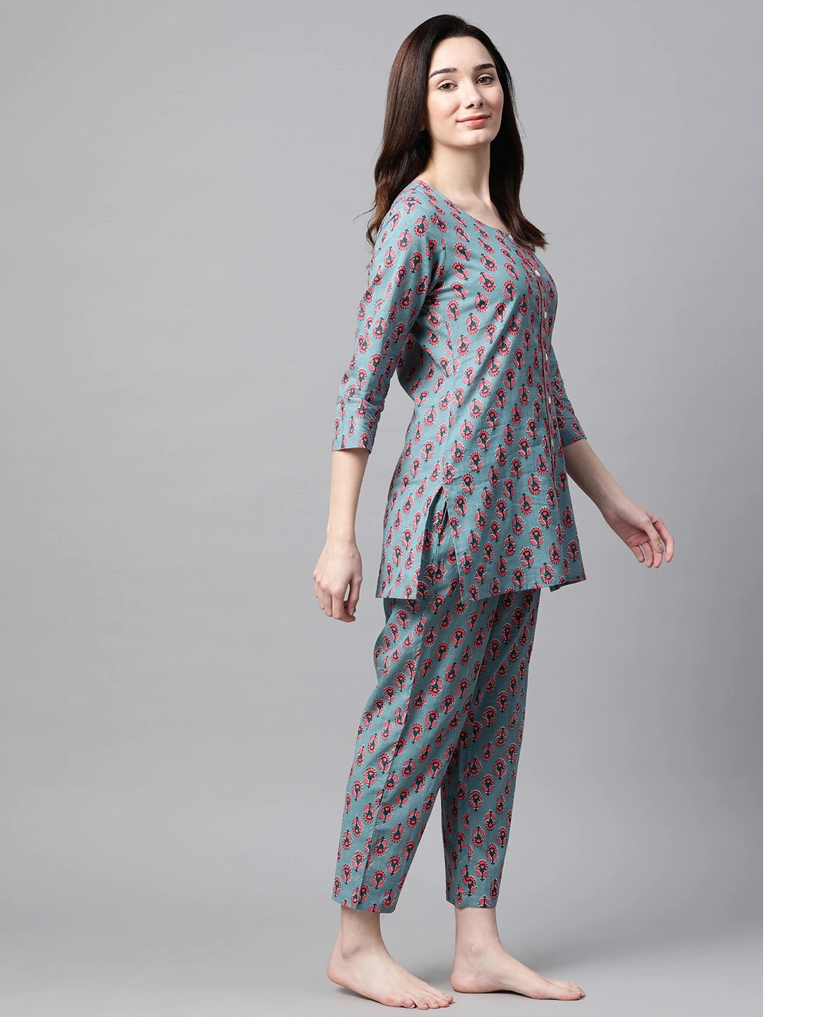 Women's Grey and pink Floral Printed Night Suit