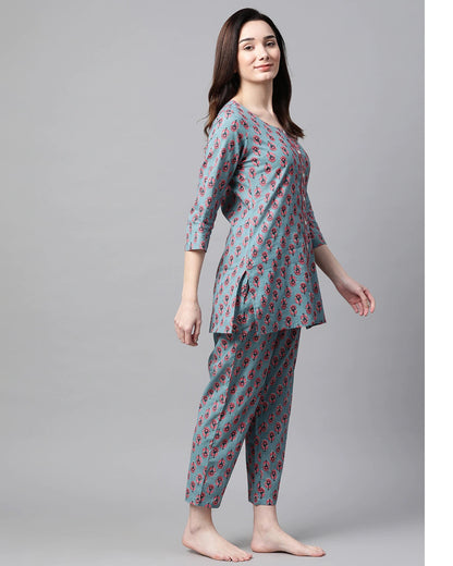 Women's Grey and pink Floral Printed Night Suit