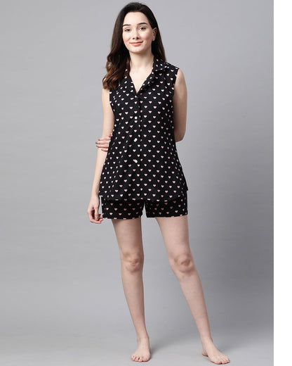 Women's Black Tropical Printed Night suit