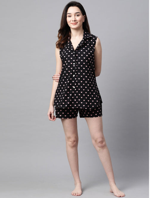 Women's Black Tropical Printed Night suit