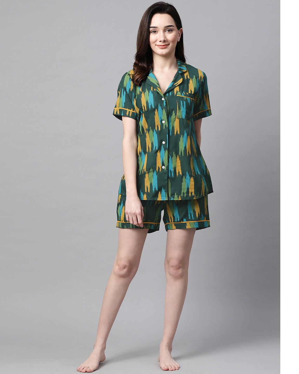 Women's Green & Mustard Printed Night suit