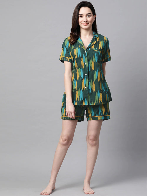 Women's Green & Mustard Printed Night suit