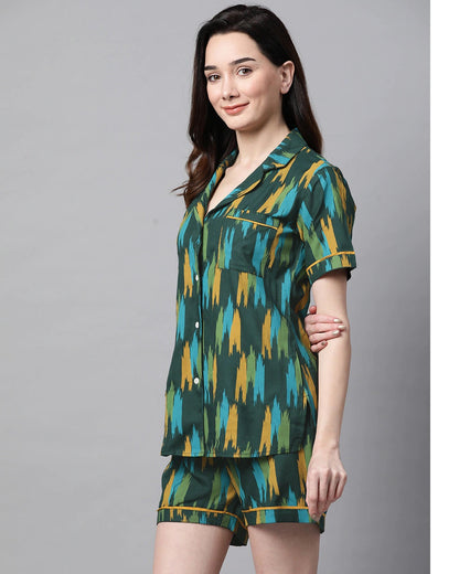 Women's Green & Mustard Printed Night suit