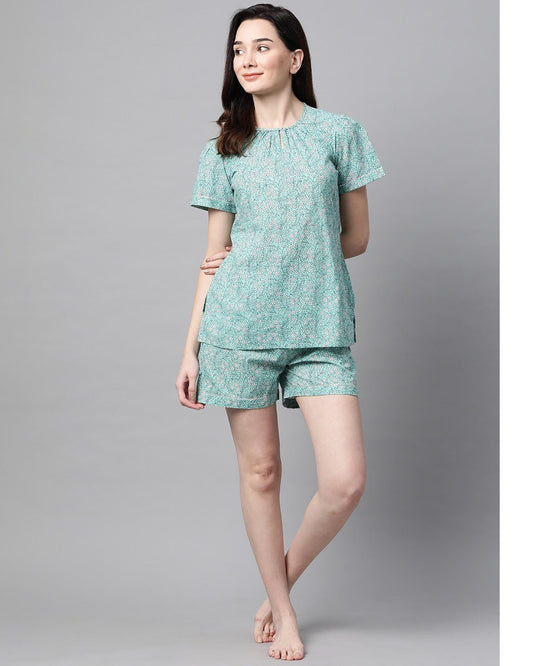 Women's Printed Sea Green Night suit