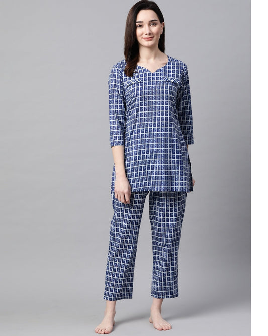 Women's Blue Cotton Printed Night suit