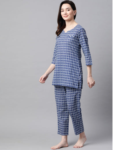 Women's Blue Cotton Printed Night suit