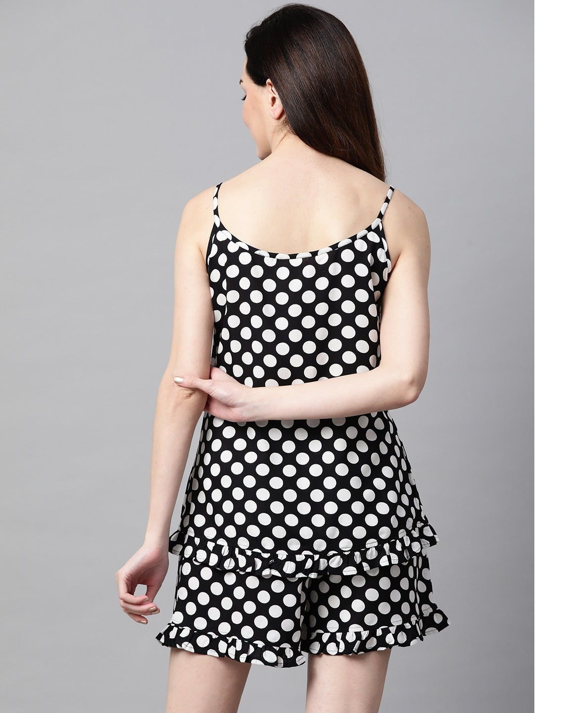 Women's Black and white polka dot Printed Night suit