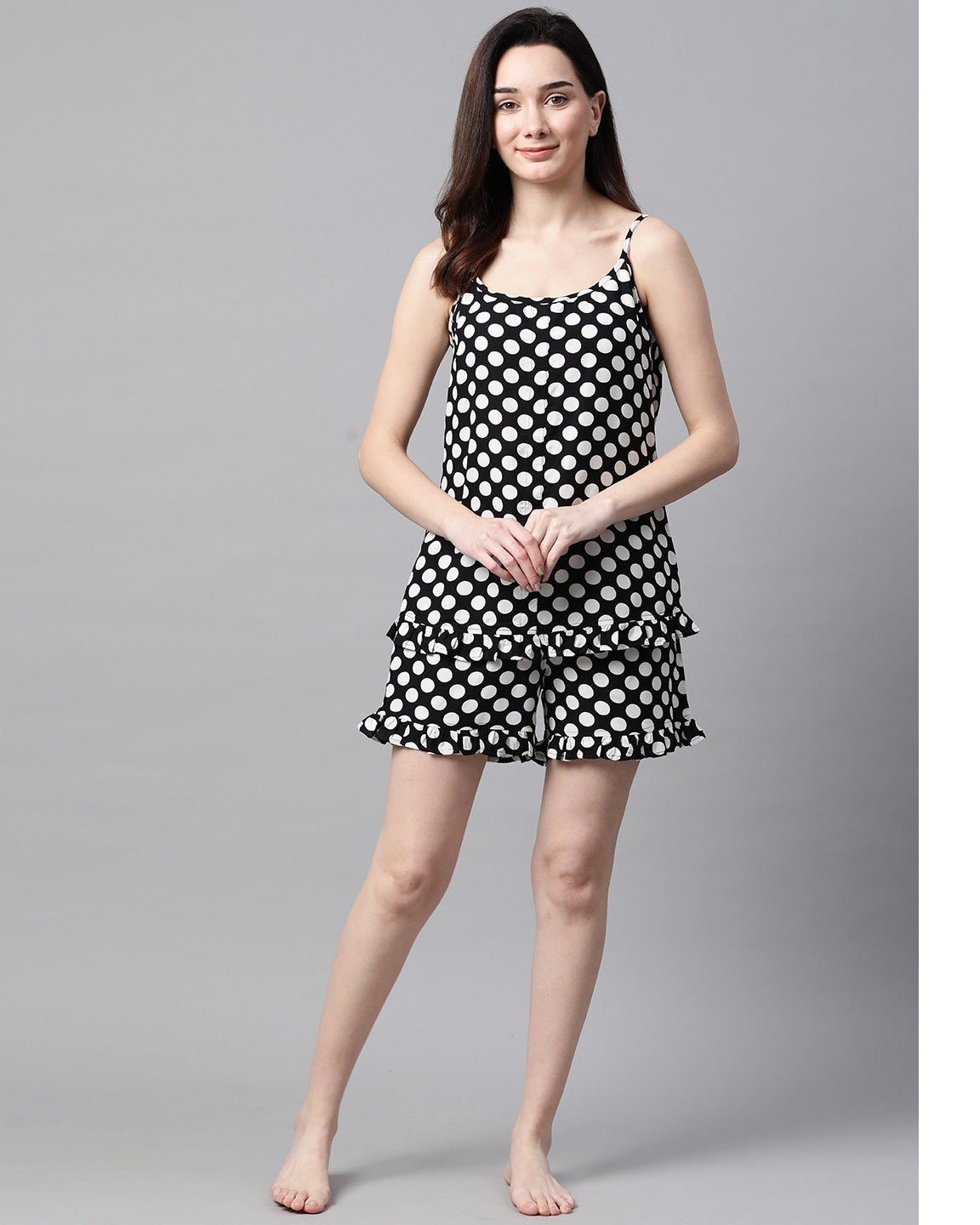 Women's Black and white polka dot Printed Night suit