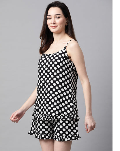 Women's Black and white polka dot Printed Night suit