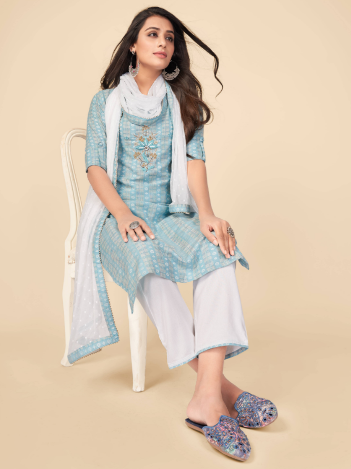 Women's Printed & Hand Work Straight Cotton Sky Blue Kurta Pant With Dupatta (3Pcs Set)