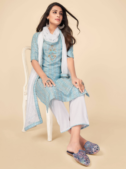 Women's Printed & Hand Work Straight Cotton Sky Blue Kurta Pant With Dupatta (3Pcs Set)