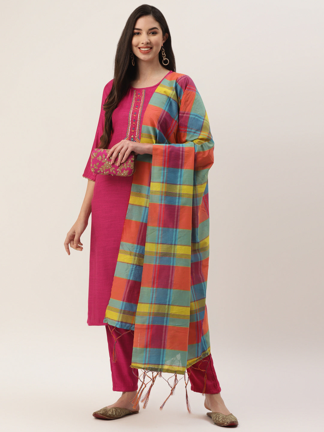 Women's Rani Rayon Blend Embroidered Straight Kurta Trouser Set With Dupatta