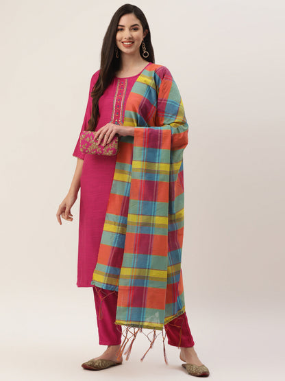 Women's Rani Rayon Blend Embroidered Straight Kurta Trouser Set With Dupatta