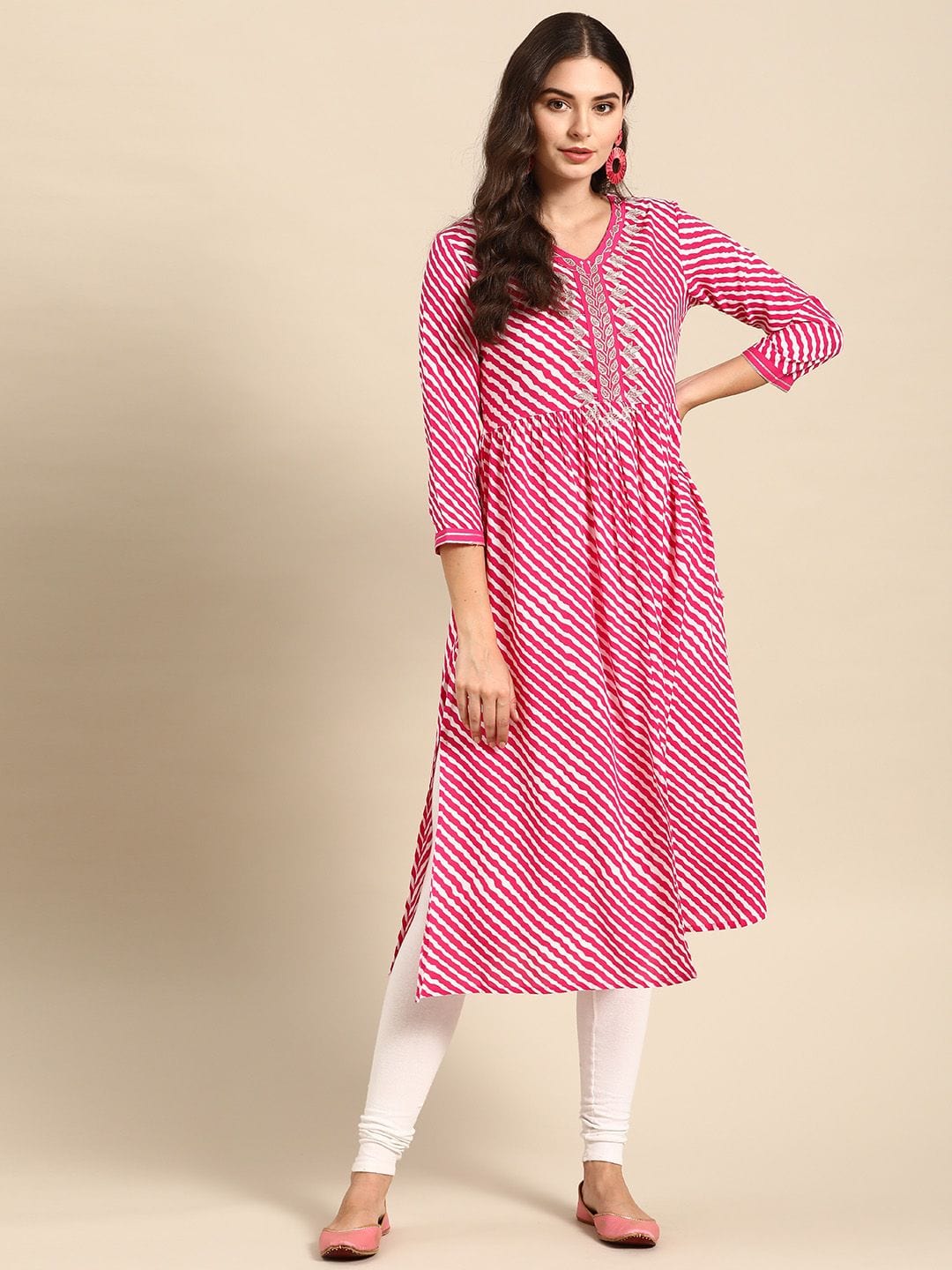 Women's Pink & White Striped A-Line Kurta