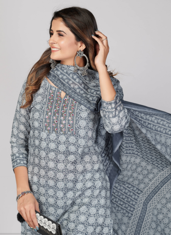 Women's Printed & Embellished & Mirror Work Straight Cotton Grey Stitched Kurta Pant With Dupatta (3Pcs Set)