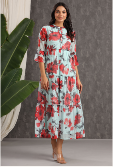 Women's Mint Chiffon Printed Tiered Dress