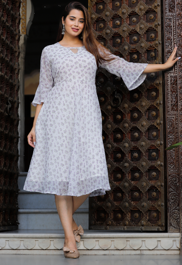 Women's Georgette Printed Flared White Dress