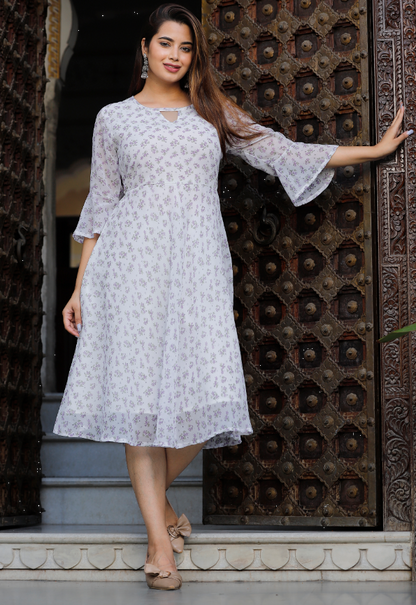 Women's Georgette Printed Flared White Dress