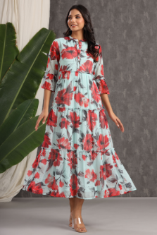 Women's Mint Chiffon Printed Tiered Dress