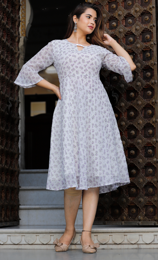 Women's Georgette Printed Flared White Dress