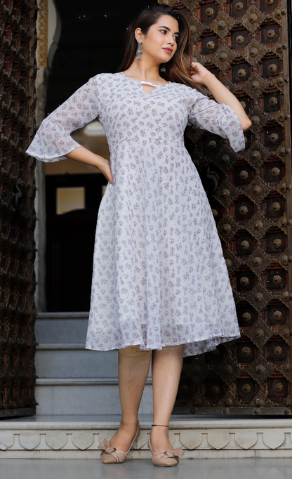 Women's Georgette Printed Flared White Dress