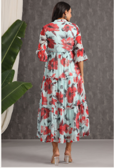 Women's Mint Chiffon Printed Tiered Dress