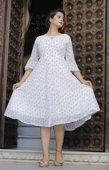 Women's Georgette Printed Flared White Dress