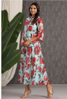 Women's Mint Chiffon Printed Tiered Dress