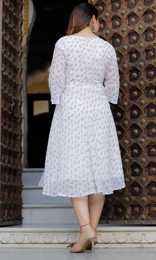 Women's Georgette Printed Flared White Dress