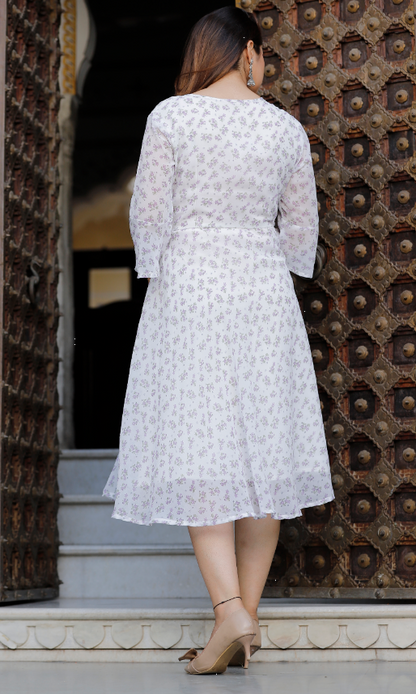 Women's Georgette Printed Flared White Dress