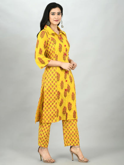 Women's Yellow Cotton Printed 3/4 Sleeve Shirt Coller Casual Kurta Pant Set