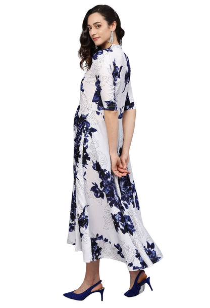 Women White Printed Dress by Myshka (
