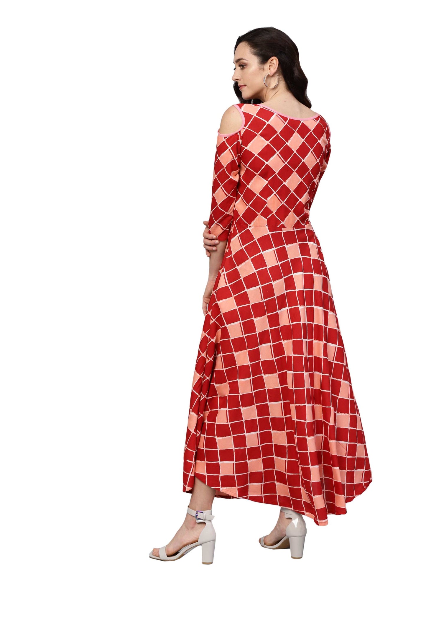 Women's Maroon Rayon Printed 3/4 Sleeve Round Neck Dress