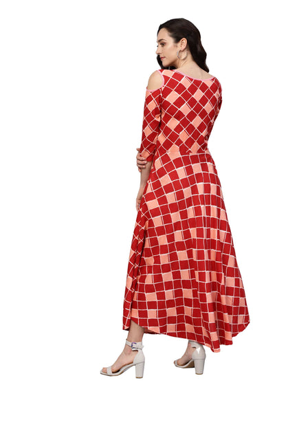 Women's Maroon Rayon Printed 3/4 Sleeve Round Neck Dress