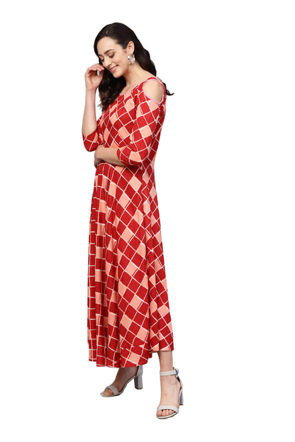 Women's Maroon Rayon Printed 3/4 Sleeve Round Neck Dress