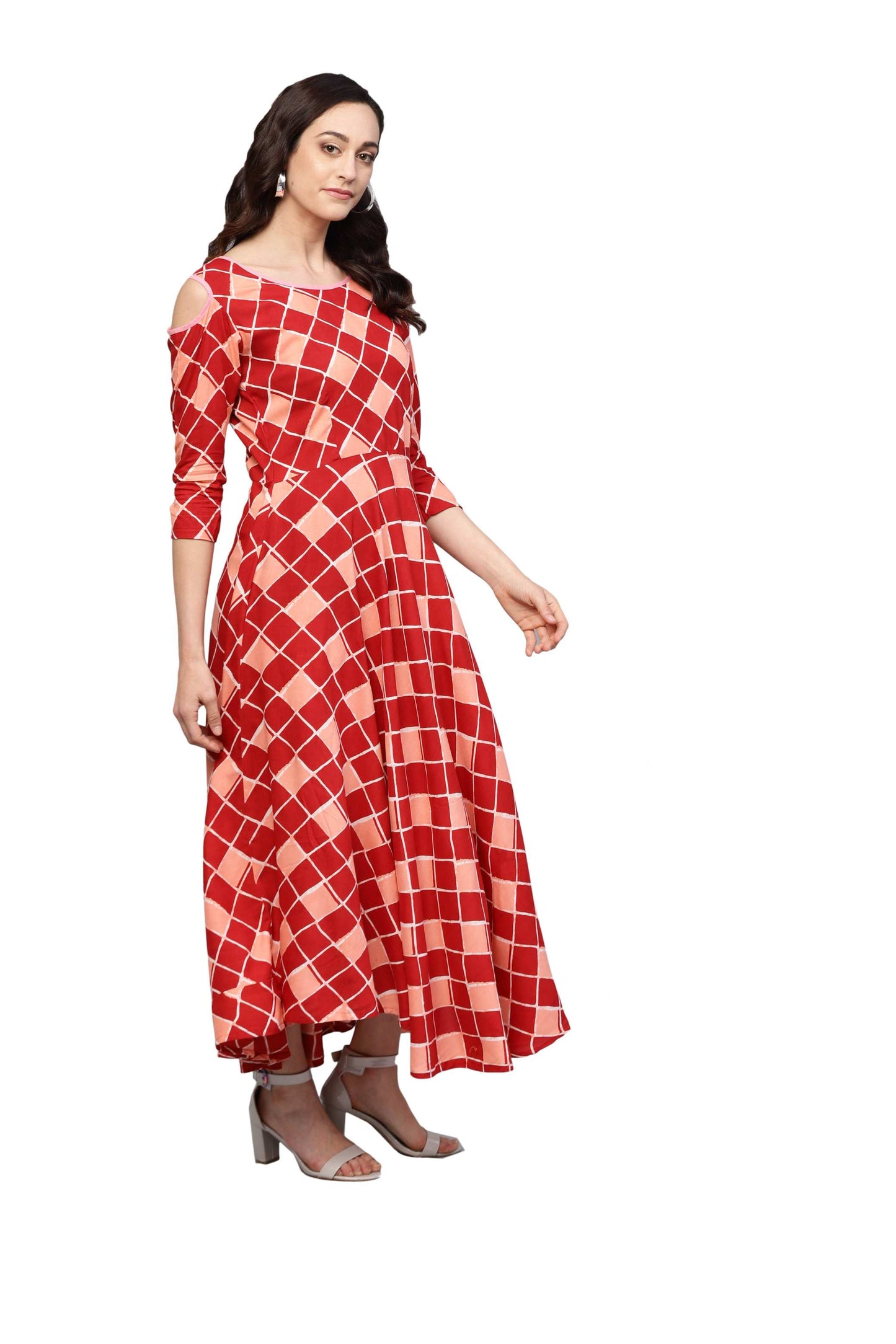 Women's Maroon Rayon Printed 3/4 Sleeve Round Neck Dress