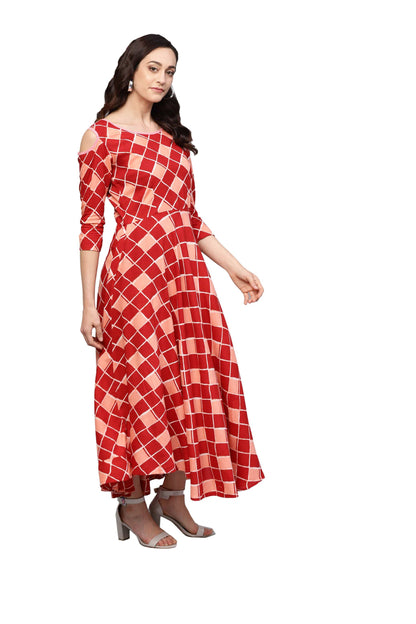 Women's Maroon Rayon Printed 3/4 Sleeve Round Neck Dress
