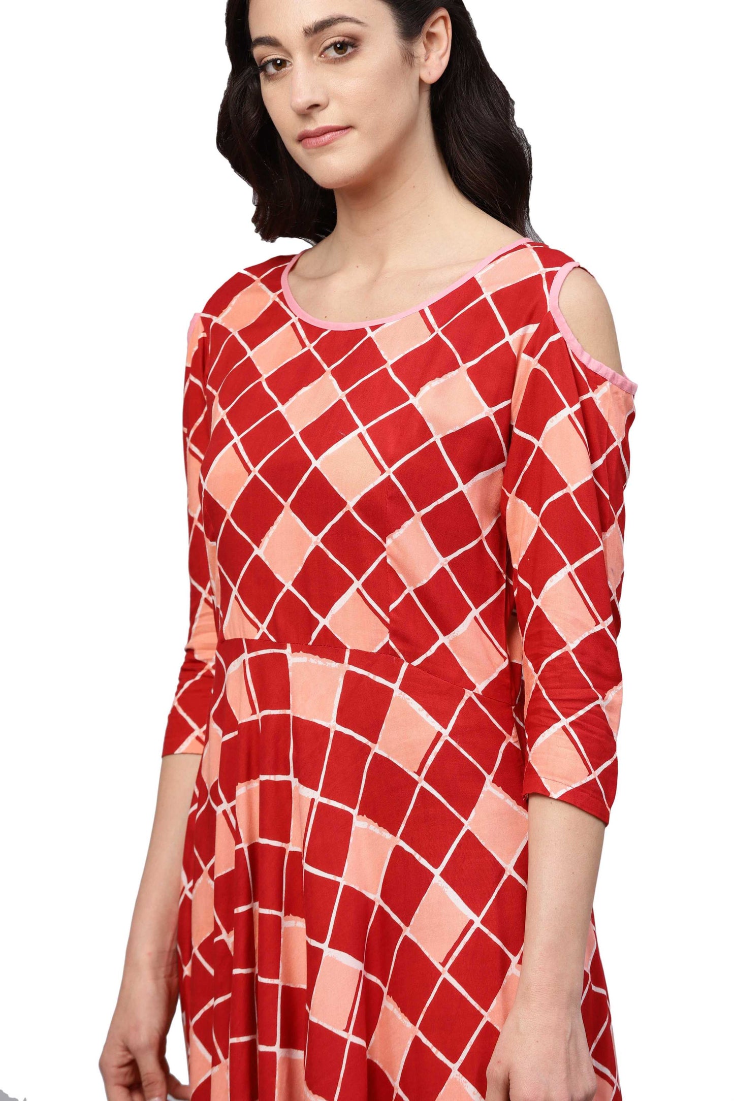 Women's Maroon Rayon Printed 3/4 Sleeve Round Neck Dress