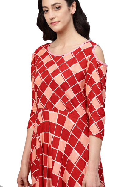 Women's Maroon Rayon Printed 3/4 Sleeve Round Neck Dress